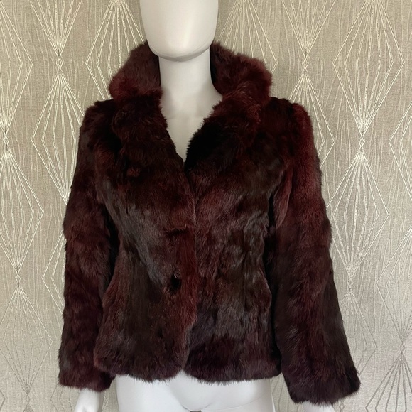 None Jackets & Blazers - Burgundy Rabbit Fur Coat